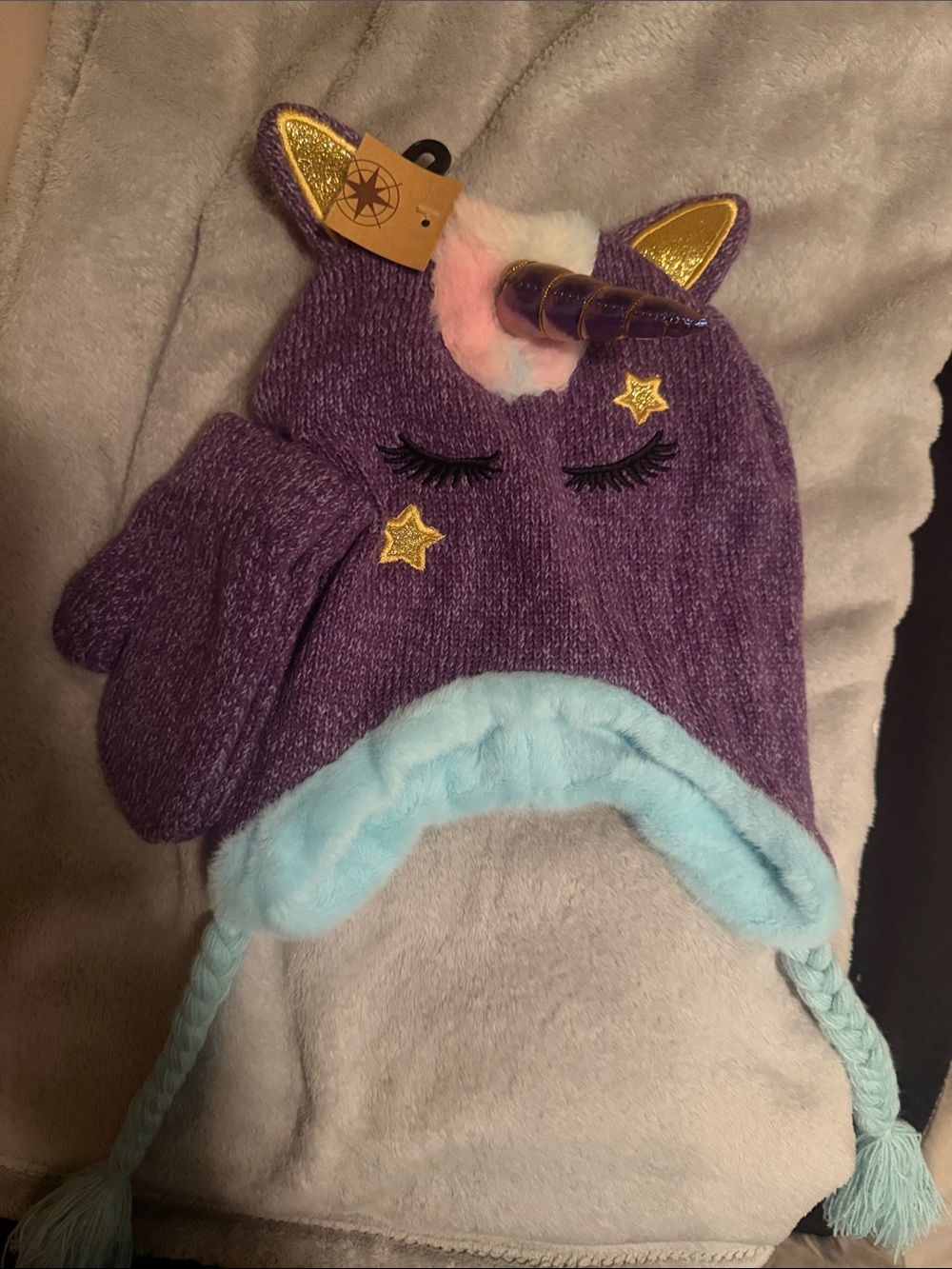Kids Unicorn Earflap Winter Hat and Mittens Set - Purple